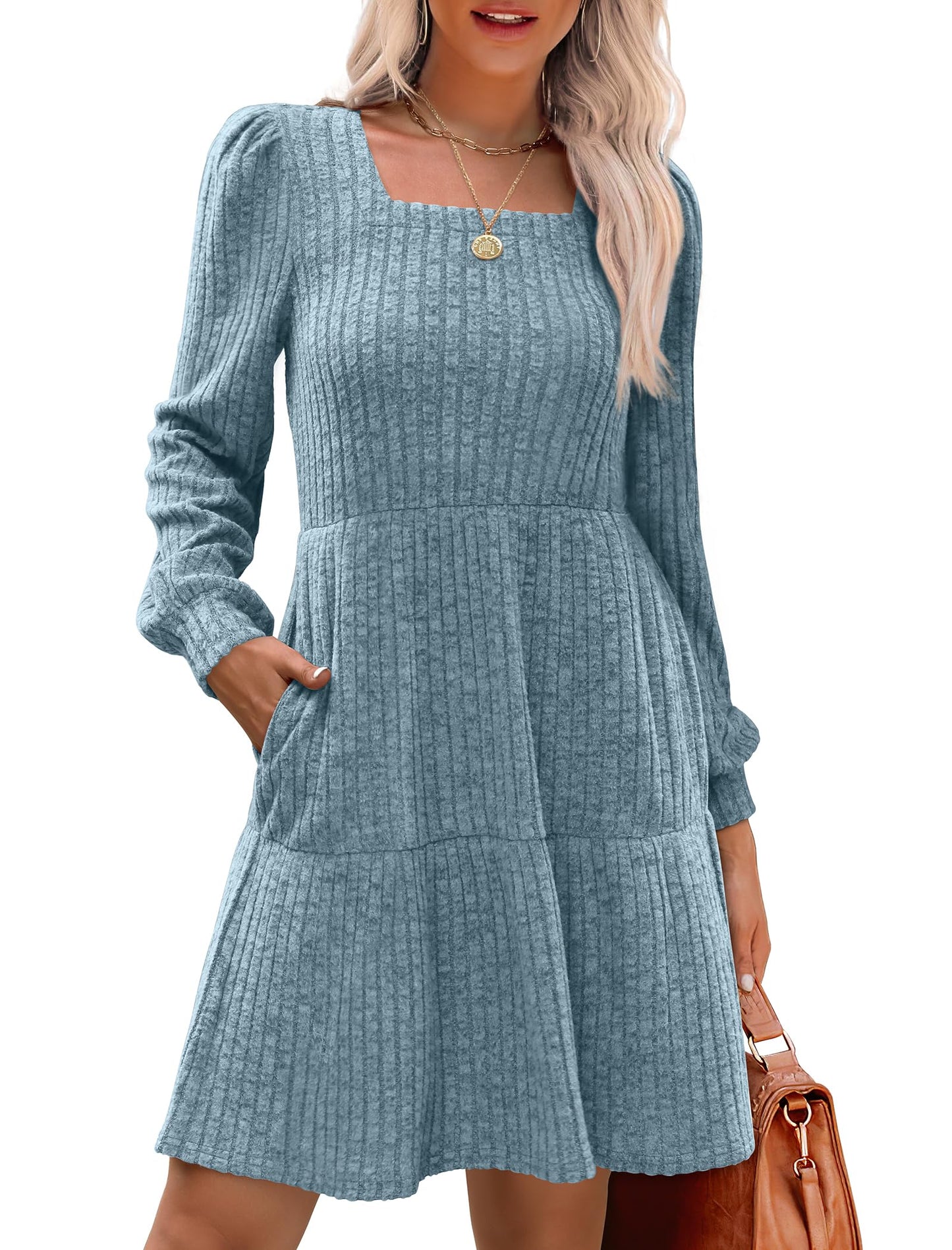 ๐ Women's Square Neck Lantern Sleeve Ribbed Dress|Glow in Autumnal Elegance!๐