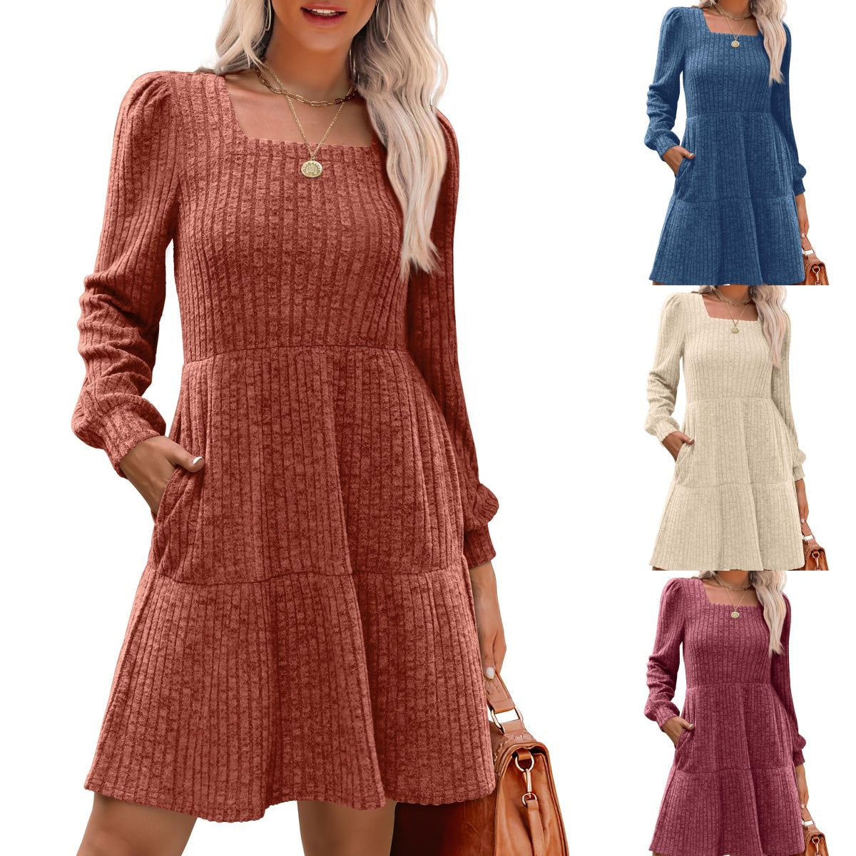๐ Women's Square Neck Lantern Sleeve Ribbed Dress|Glow in Autumnal Elegance!๐