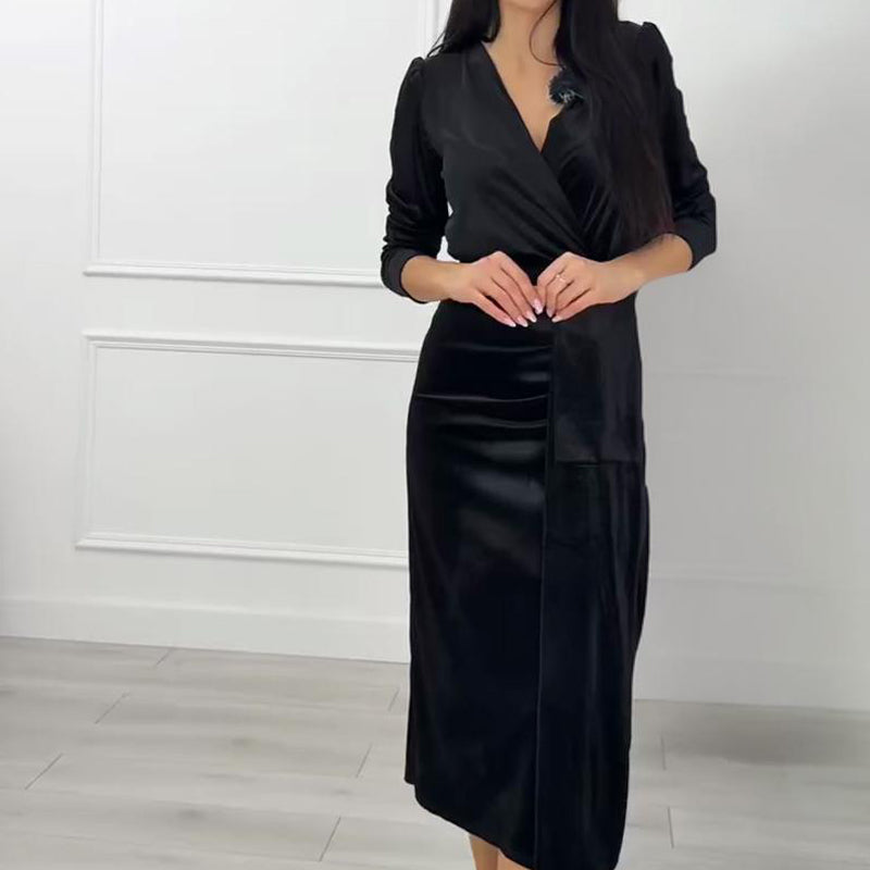 Women’s Elegant V-Neck Side Slit Satin Dress