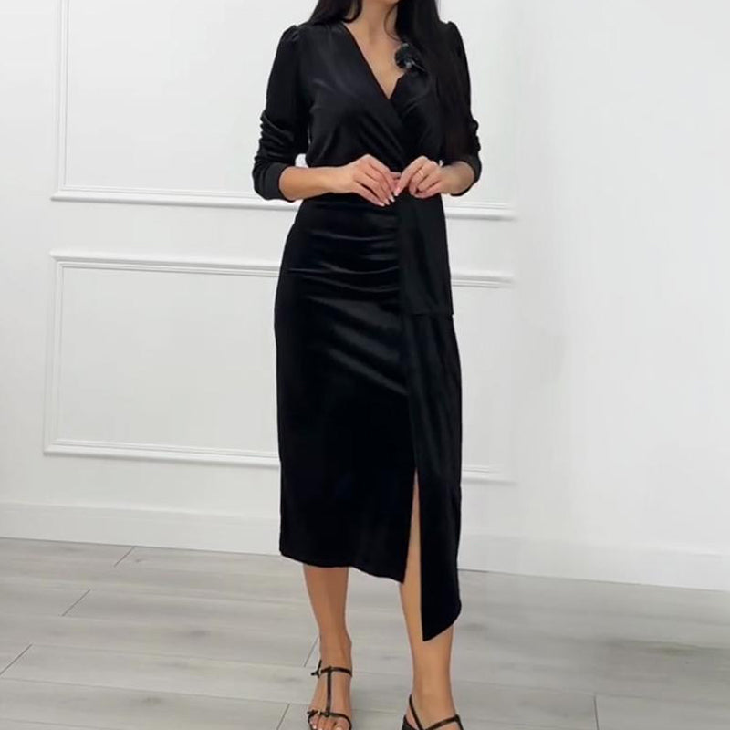 Women’s Elegant V-Neck Side Slit Satin Dress
