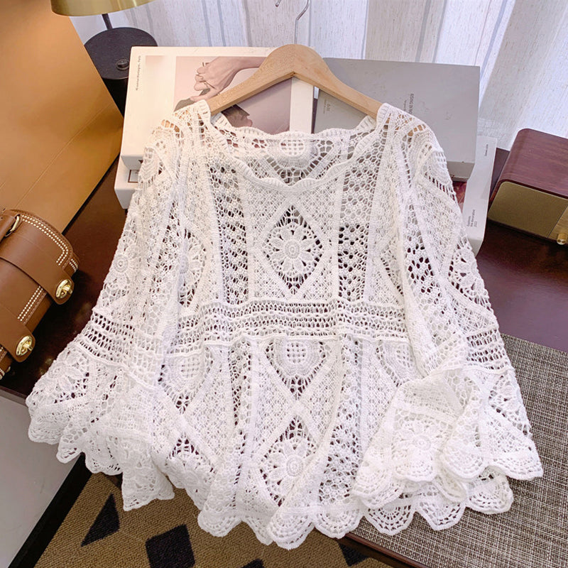 ๐ ๐ Women's Vintage-Inspired Lace Cover-Up Blouse โ Flare Sleeves, Bohemian Beachwear ๐ธ