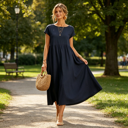 Fashion Solid Color Cotton Linen Pocket Dress