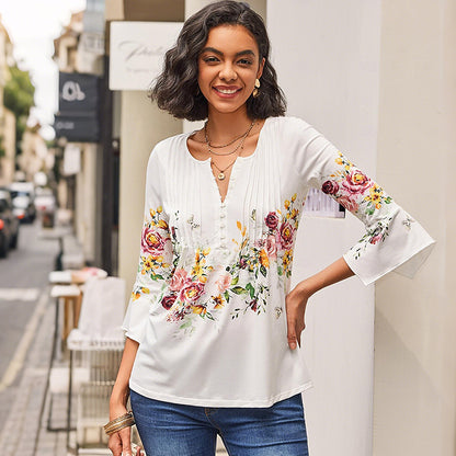 Women's Floral Button V-Neck Pleated 3/4 Sleeve T-Shirt