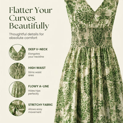 👗 Women's V-Neck Floral Smocked Maxi Dress – Elegant, Bohemian, Lightweight 🦋