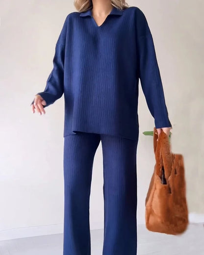 V-Neck Casual Slit Knitted Two-Piece Set