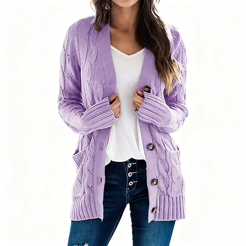 Women's Fall Casual Long Sleeve Button Down Open Front Cable Knit Cardigan Sweater Coat