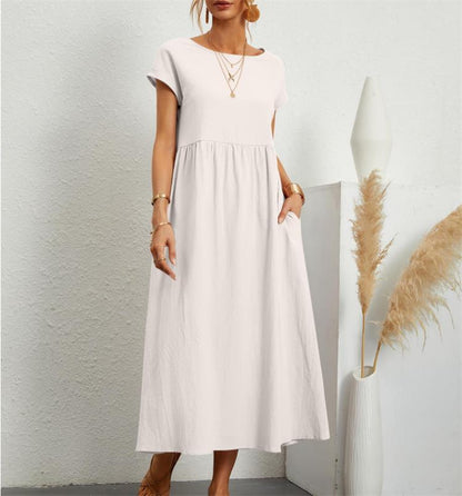 Fashion Solid Color Cotton Linen Pocket Dress