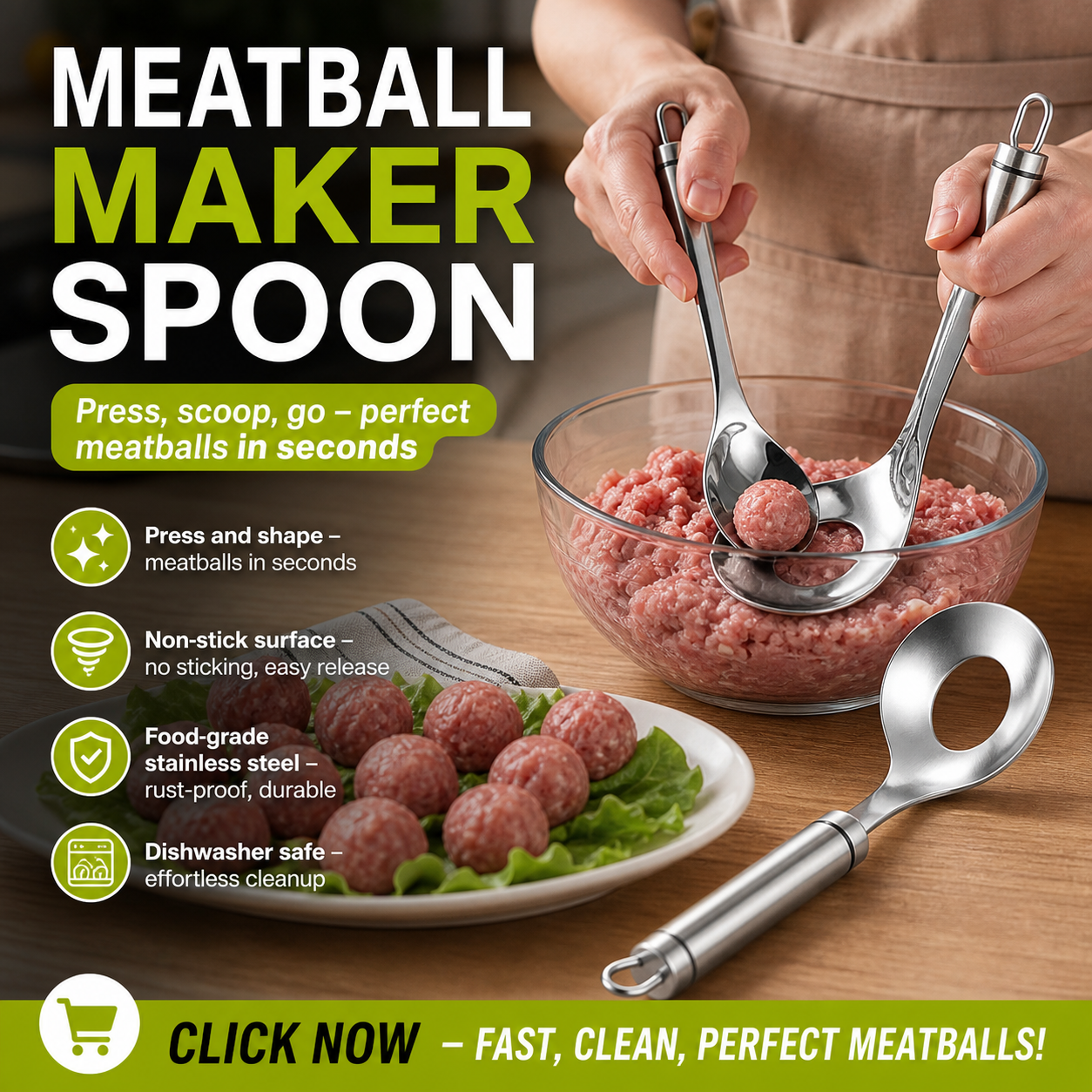🥳Meatball Spoon! Non-stick, scoop & drain – perfect gift. Mess-free cooking – grab yours! ✅