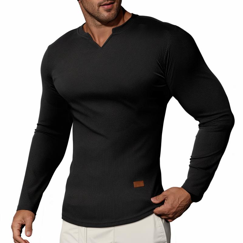 V-Neck Longline Ribbed Tees Shirts Long Sleeve Gym Workout Athletic Menswear Tops