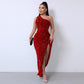💃Women's Glitter Sequins One Shoulder Ruched Split Thigh Bodycon Dress