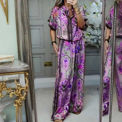 Women's Printed Top & Wide Leg Pants 2-Piece Set