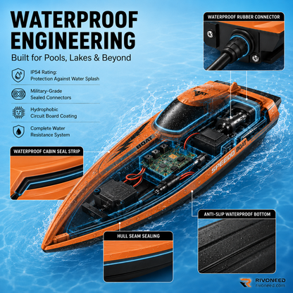 Dual‑Motor RC Boat – Twin engines, 2.4GHz control, waterproof & impact‑resistant. Slice through waves at insane speed! 🌊🚤