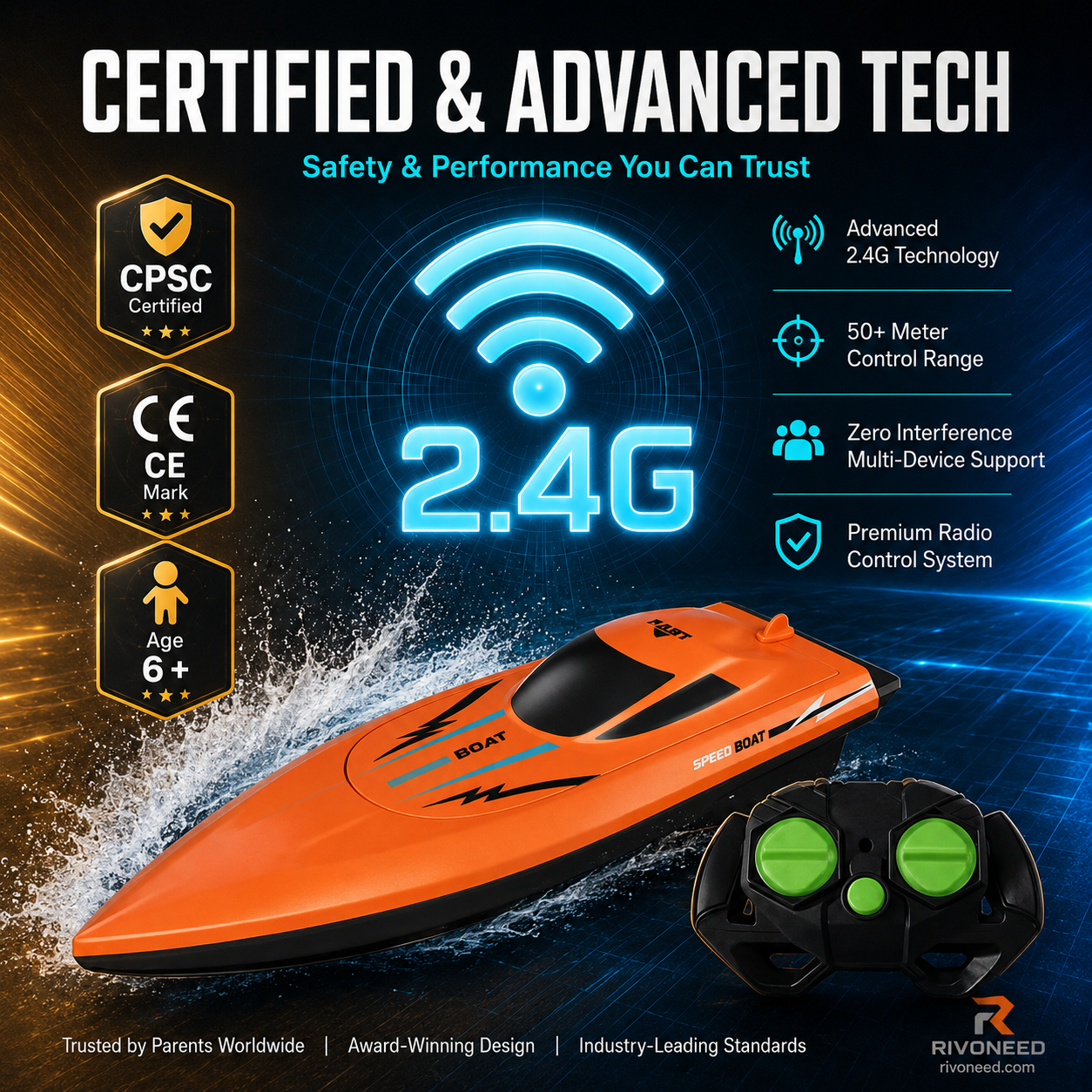 Dual‑Motor RC Boat – Twin engines, 2.4GHz control, waterproof & impact‑resistant. Slice through waves at insane speed! 🌊🚤