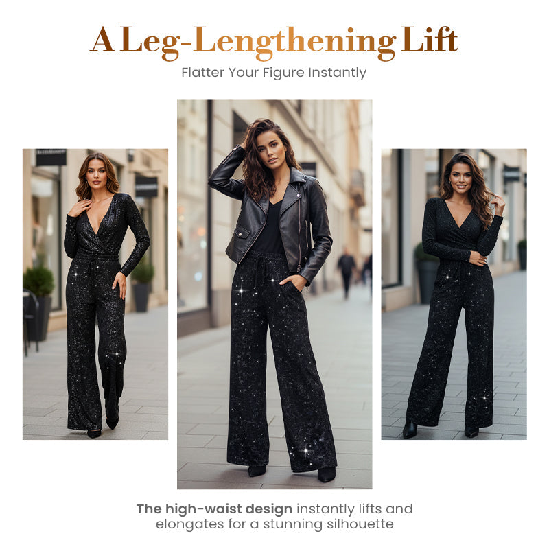 Women's Sequin Sparkle Wide Leg Pants with Elastic Waistband