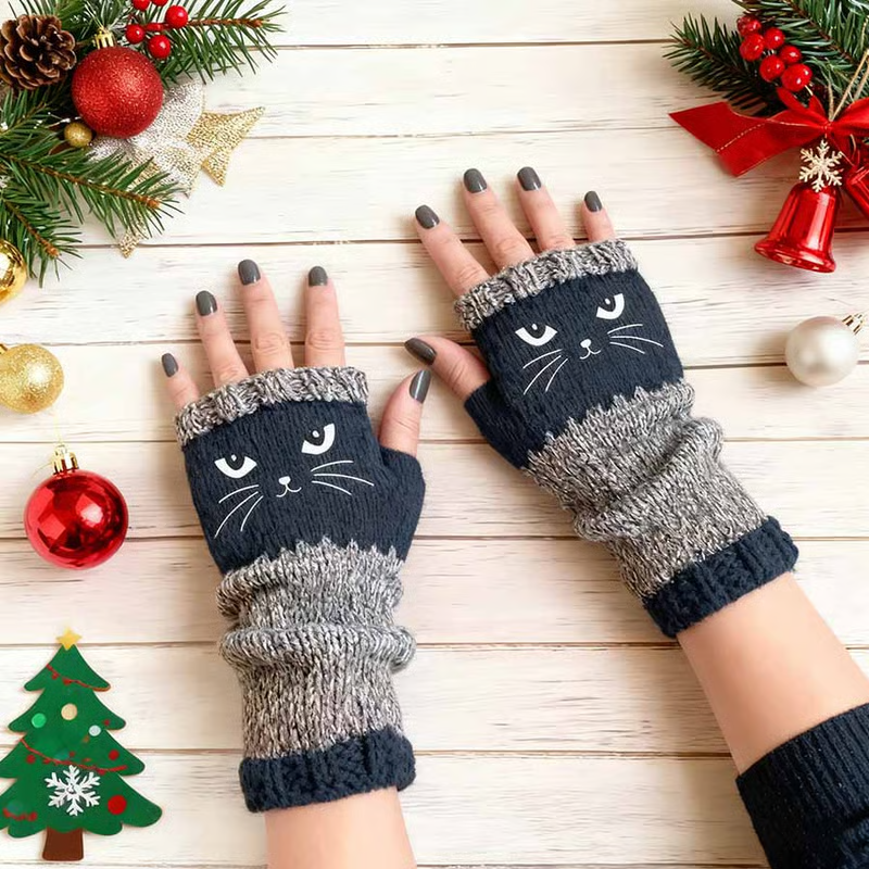 🐱 Cute Women’s Knitted Cat Gloves — For Warm Hands & Free Fingers🧶