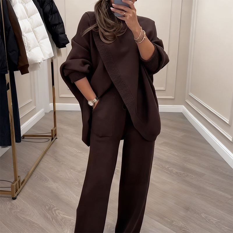Women's 2-piece set – Asymmetrical sweater + wide-leg pants, relaxed fit and soft fabric, ultra comfortable 👚✨