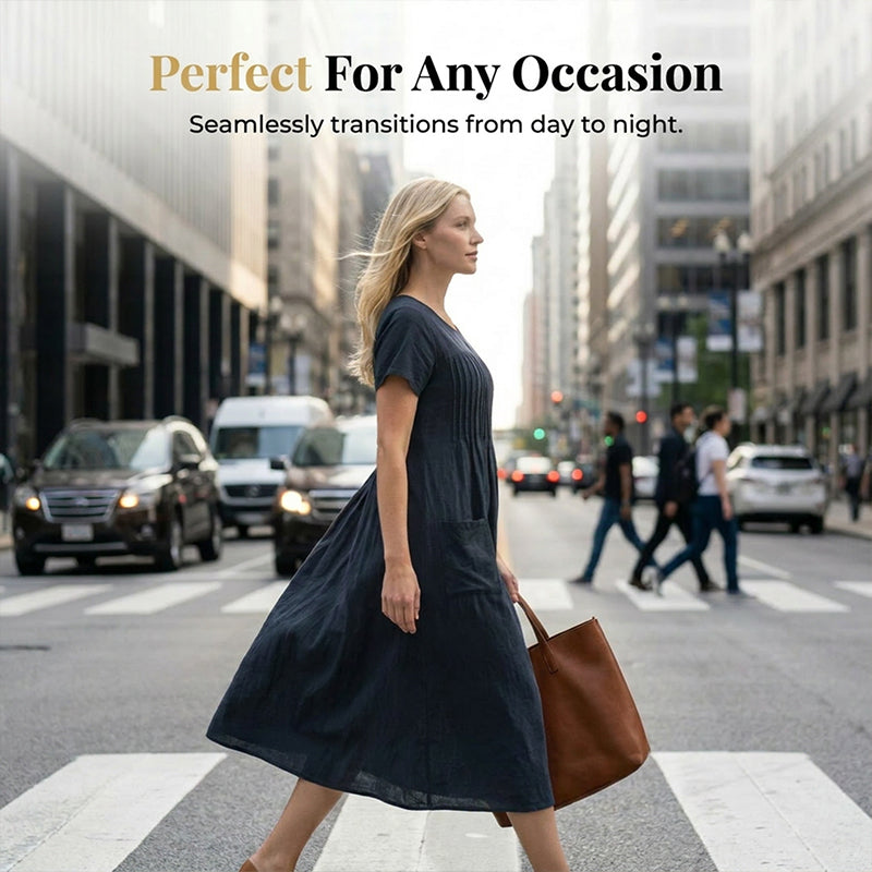 👗 Women’s Pleated Short-Sleeve Dress with Pockets – Soft Cotton-Linen Blend ☀️👜