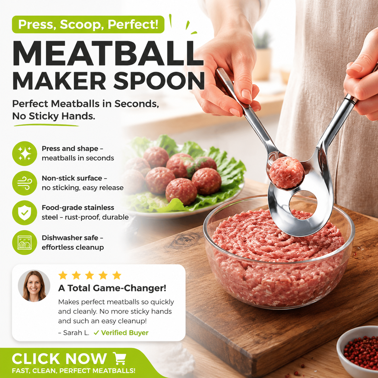 🥳Meatball Spoon! Non-stick, scoop & drain – perfect gift. Mess-free cooking – grab yours! ✅