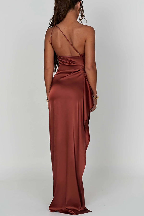 ⏳Time-limited Special⏰Fits Your Curves Satin One Shoulder Drape Slit Maxi Dress