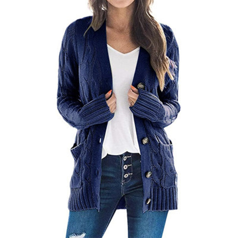 Women's Fall Casual Long Sleeve Button Down Open Front Cable Knit Cardigan Sweater Coat