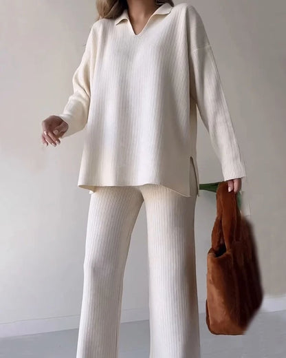 V-Neck Casual Slit Knitted Two-Piece Set