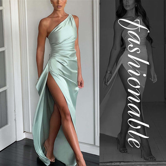 ⏳Time-limited Special⏰Fits Your Curves Satin One Shoulder Drape Slit Maxi Dress