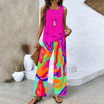 🌺 Women’s Trendy Print 2-Piece Outfit – Sleeveless Top & Pants Combo!"