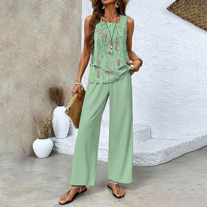 🌺 Women’s Trendy Print 2-Piece Outfit – Sleeveless Top & Pants Combo!"