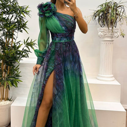 💥Women's Fashion Slant Shoulder Mesh Printed Dresses