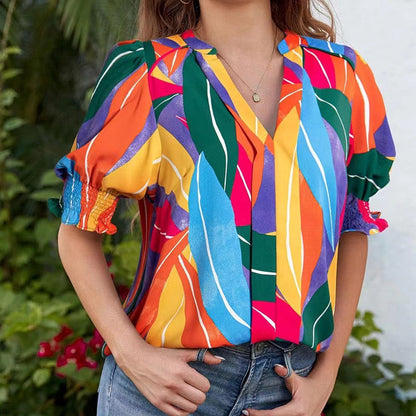 Floral V-neck Puff Sleeve Blouse For Women🌺