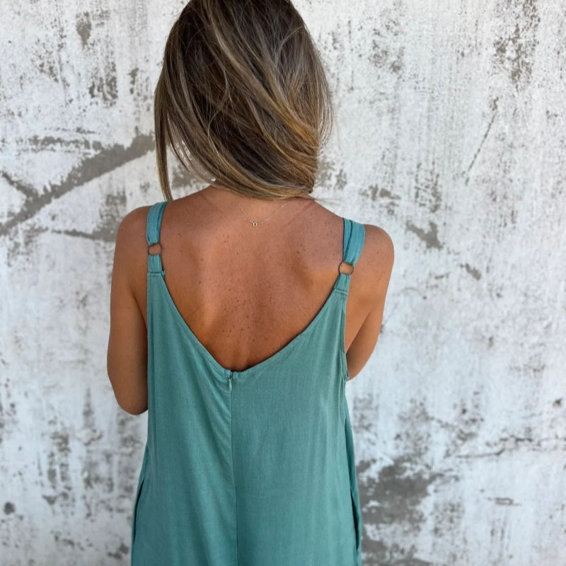 Women's Casual Loose Cotton-Linen Blend Jumpsuit with Pockets and Adjustable Straps