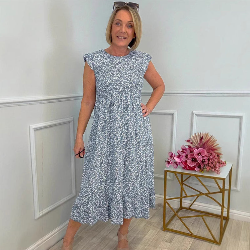 🌸Women's Elegant Floral Print High-Waisted Ruffle Cap Sleeve Dress💃