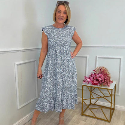🌸Women's Elegant Floral Print High-Waisted Ruffle Cap Sleeve Dress💃
