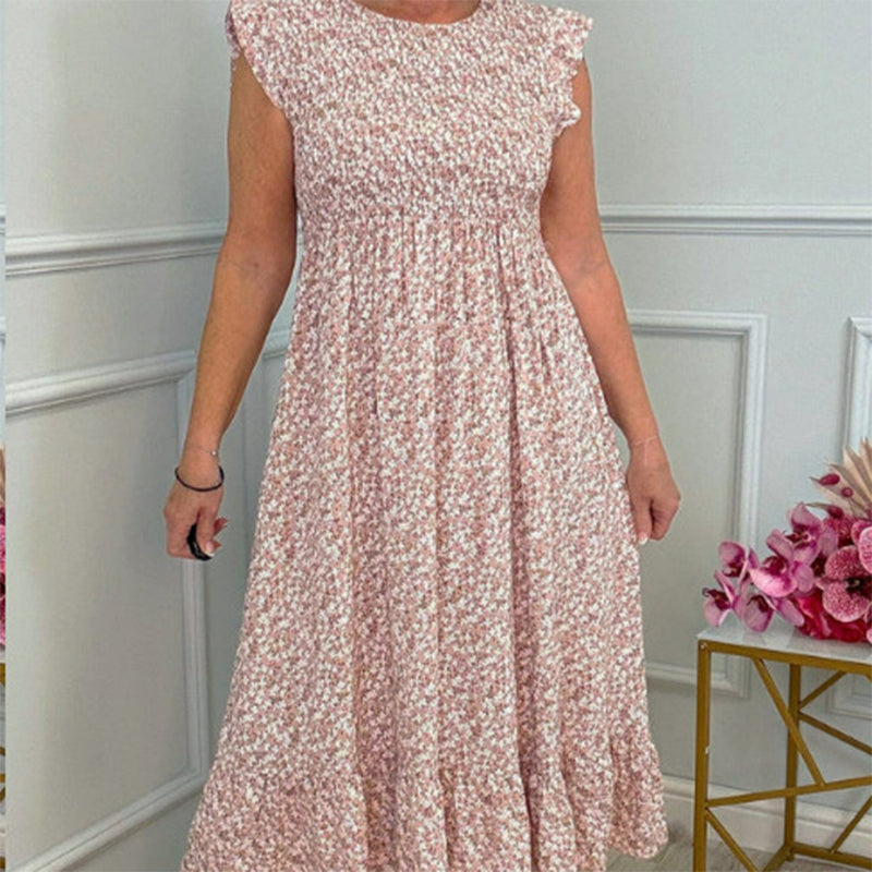 🌸Women's Elegant Floral Print High-Waisted Ruffle Cap Sleeve Dress💃