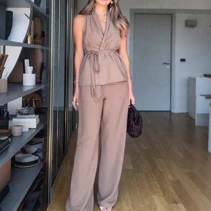 🔥 Summer Hot Sale 🌊 V-Neck Sleeveless Top And Straight-Leg Pants 2-piece Suit