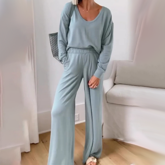 Women's Casual V-Neck Top & Full-Length Pants Set