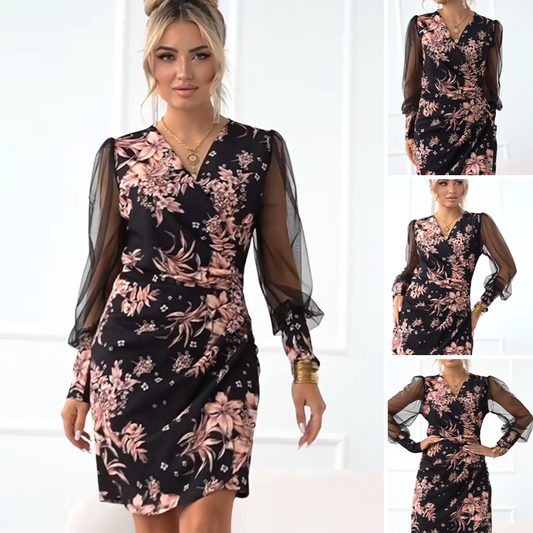 Women's V-Neck Floral Sheer Long Sleeve Dresses👗