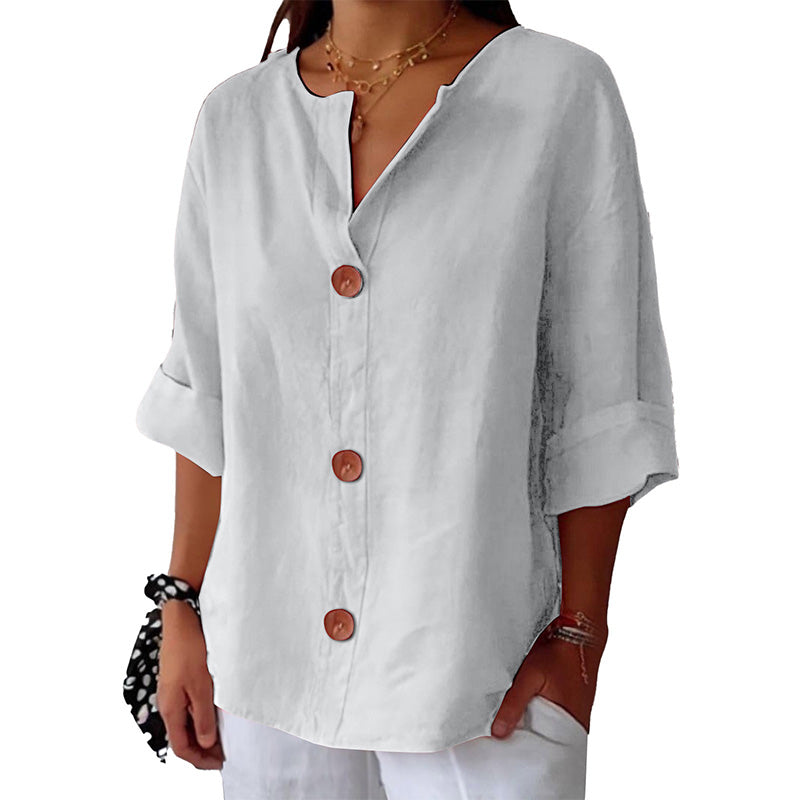 💓Women's Loose V-Neck Top with Buttons and 3/4 Sleeves