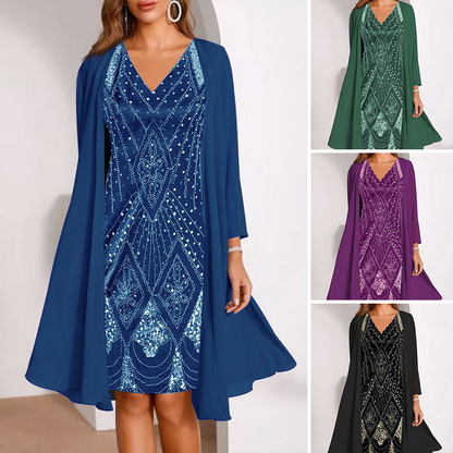 🔥Limited-Time Offer-Women's Long-Sleeve Printed Dress & Cardigan 2 Piece Set