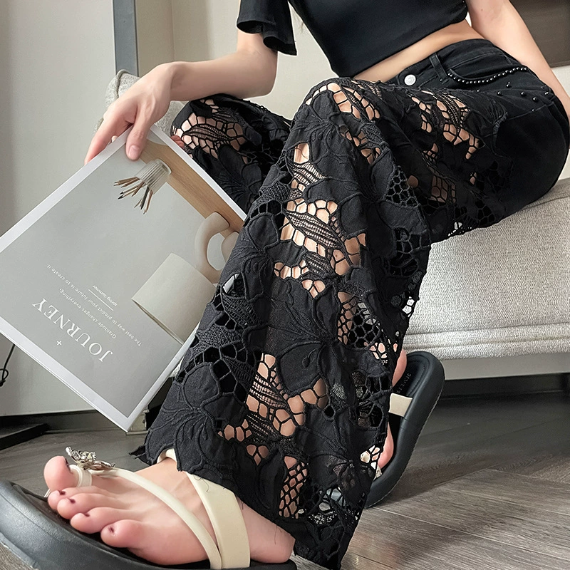 💜Women’s Spliced Hot Rhinestones Printing Hollow Pants