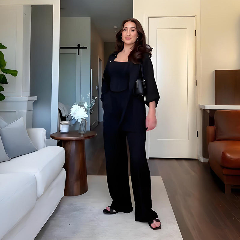 Solid Color Relaxed Shirt & Wide-Leg Pants Set