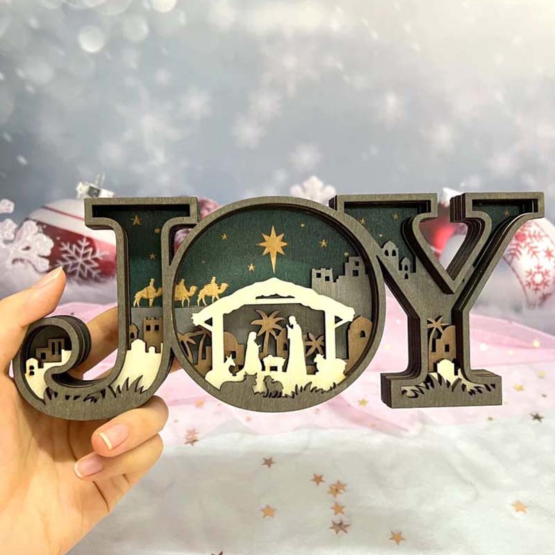 Wooden JOY Nativity Scene Christmas Ornament