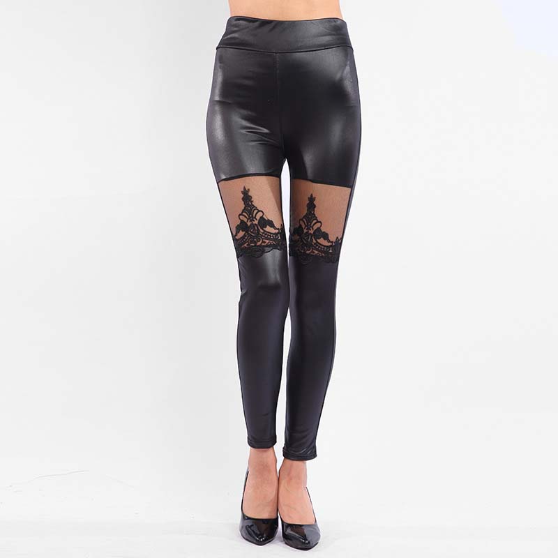 Women's High Waisted Lace Spliced Faux Leather Pants
