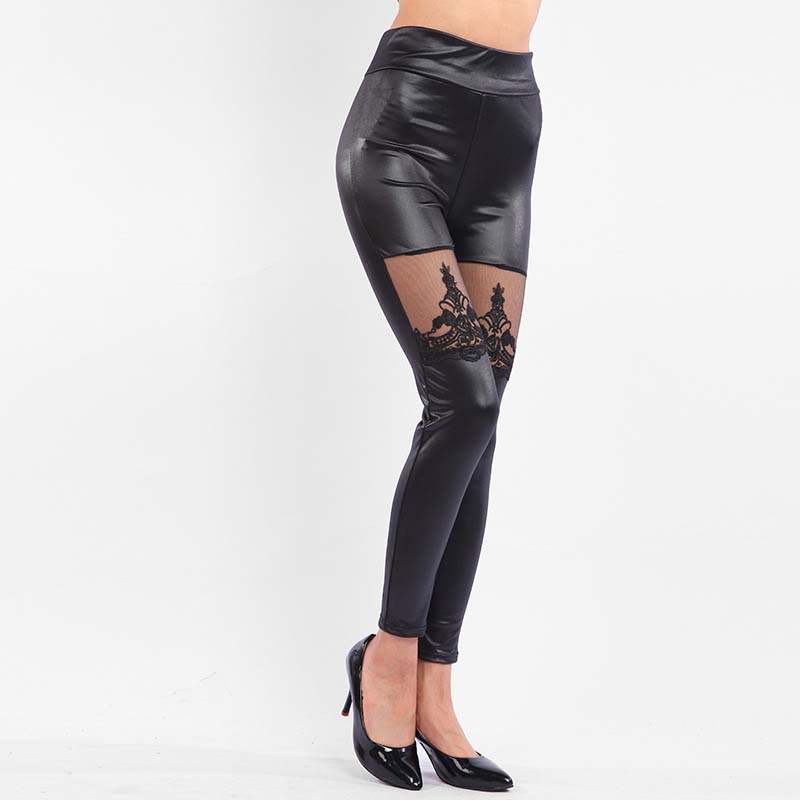 Women's High Waisted Lace Spliced Faux Leather Pants