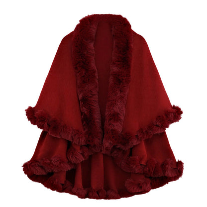 Women's Double-Layer Knit Shawl with Plush Trim