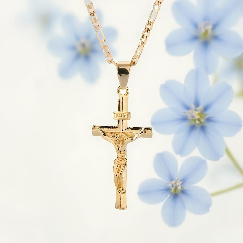 ✝️ Gold Crucifix Necklace – Detailed INRI Motif, Adjustable Figaro Chain & Hypoallergenic Finish 💛