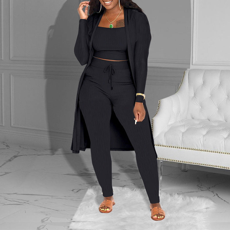 Casual 3-Piece Knit Set – Cropped Top, Cardigan & Pants