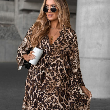 Elegant V-Neck Long-Sleeve Printed Dress