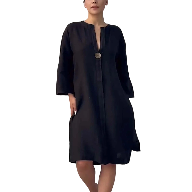 Women's Casual V-Neck Linen Shirt Dress