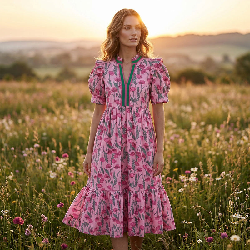 Women's Floral Print Puff Sleeve Maxi Dress